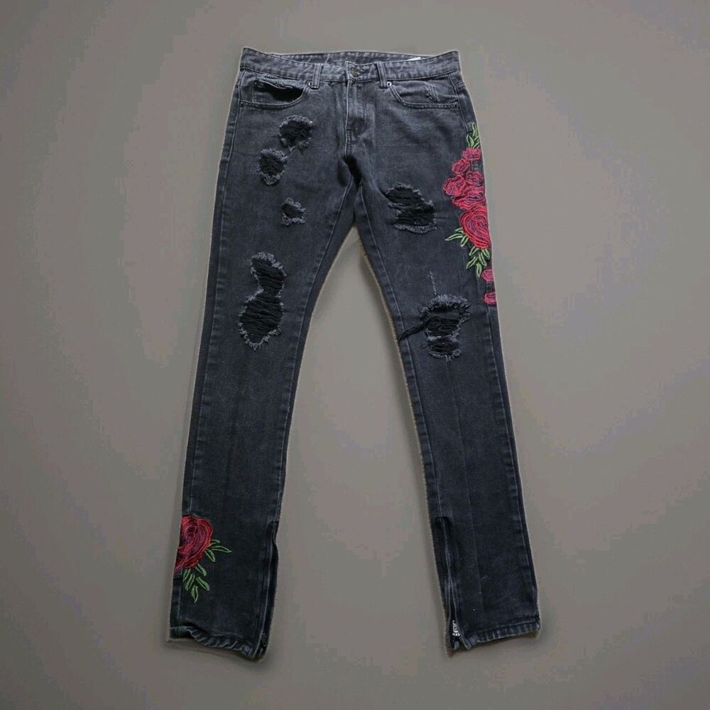 Young & Reckless Jeans Men Size 29 Black Red Roses Embroider Zip Ankle Grunge